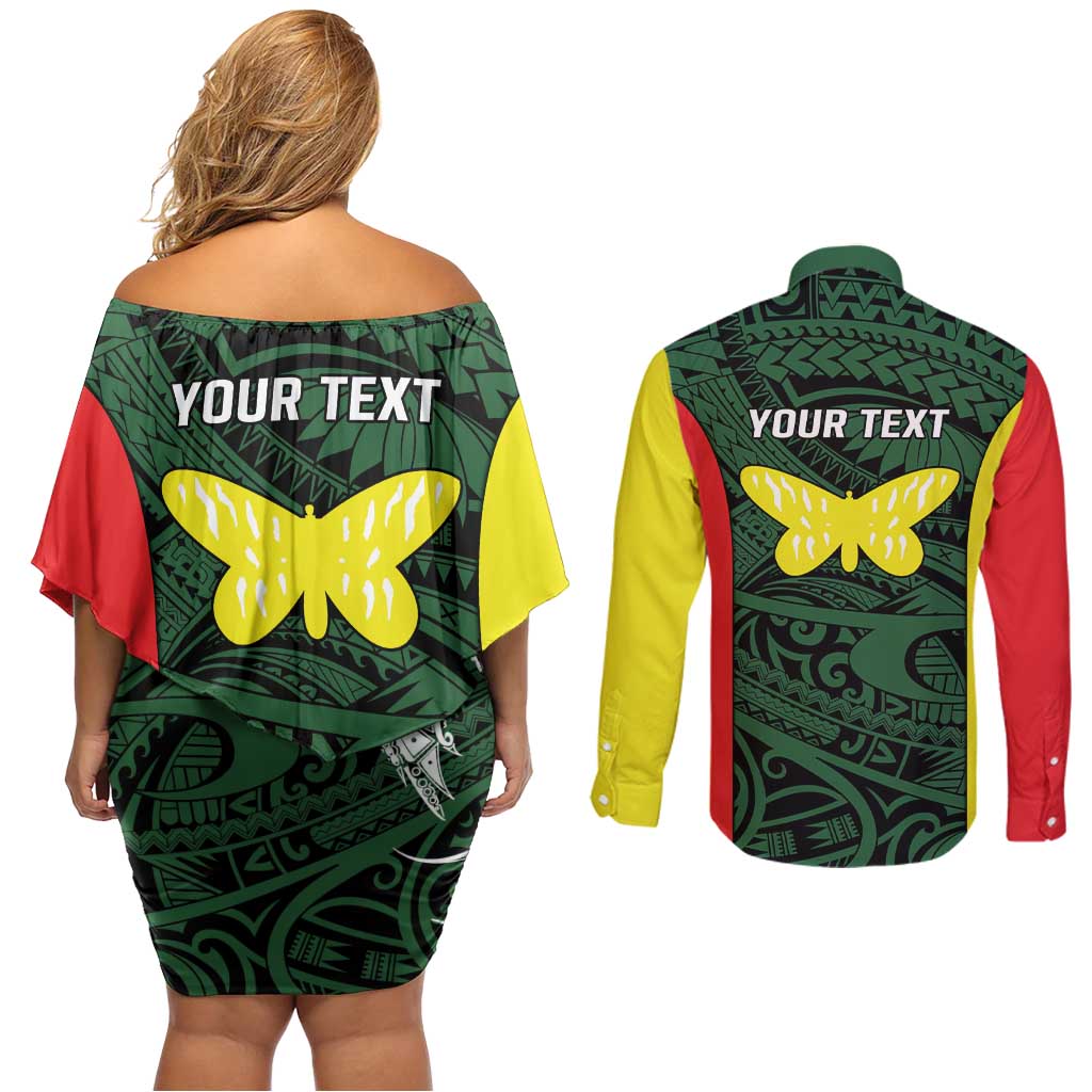 Personalised PNG Oro Province Couples Matching Off Shoulder Short Dress and Long Sleeve Button Shirt Bird of Paradise Tattoo Flag Motif LT9 - Polynesian Pride