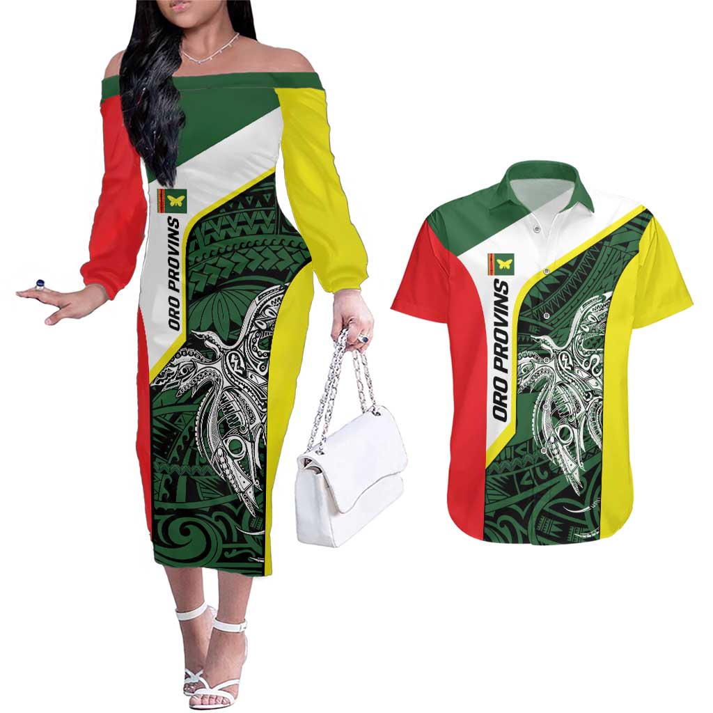 Personalised PNG Oro Province Couples Matching Off The Shoulder Long Sleeve Dress and Hawaiian Shirt Bird of Paradise Tattoo Flag Motif LT9 Green - Polynesian Pride