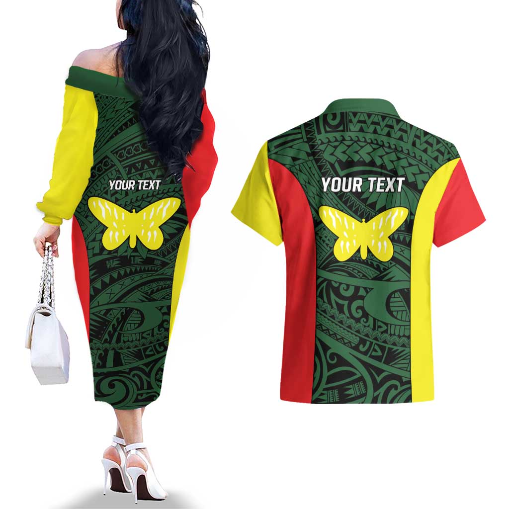 Personalised PNG Oro Province Couples Matching Off The Shoulder Long Sleeve Dress and Hawaiian Shirt Bird of Paradise Tattoo Flag Motif LT9 - Polynesian Pride