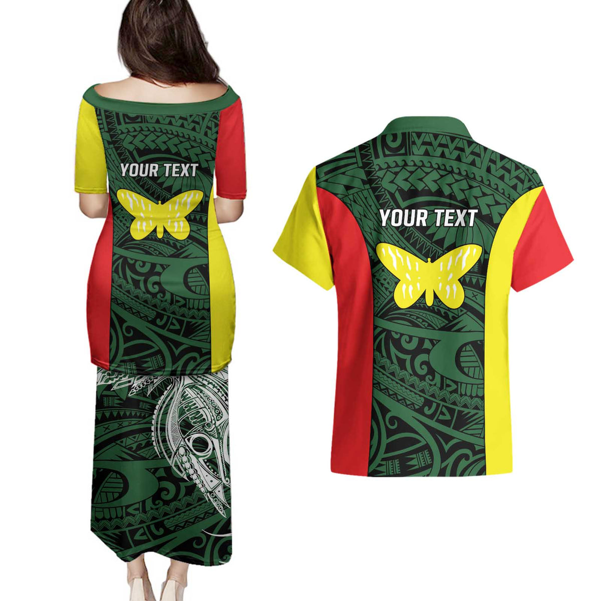 Personalised PNG Oro Province Couples Matching Puletasi and Hawaiian Shirt Bird of Paradise Tattoo Flag Motif LT9 - Polynesian Pride