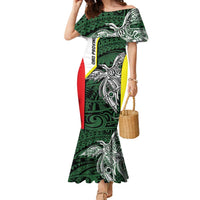 Personalised PNG Oro Province Family Matching Mermaid Dress and Hawaiian Shirt Bird of Paradise Tattoo Flag Motif LT9 Mom's Dress Green - Polynesian Pride