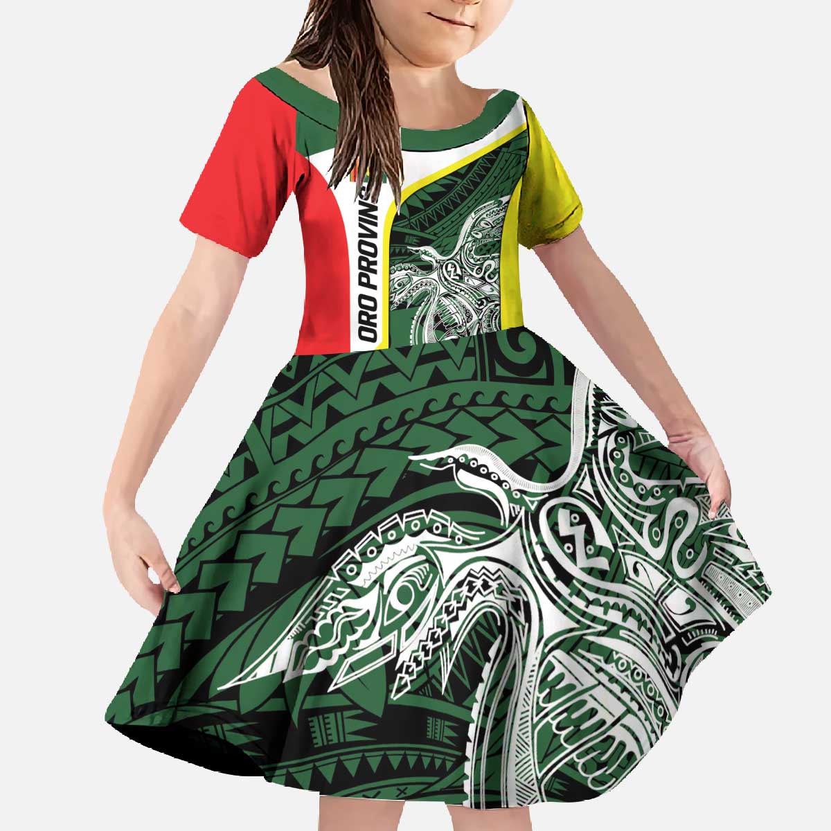 Personalised PNG Oro Province Family Matching Off The Shoulder Long Sleeve Dress and Hawaiian Shirt Bird of Paradise Tattoo Flag Motif LT9 Daughter's Dress Green - Polynesian Pride
