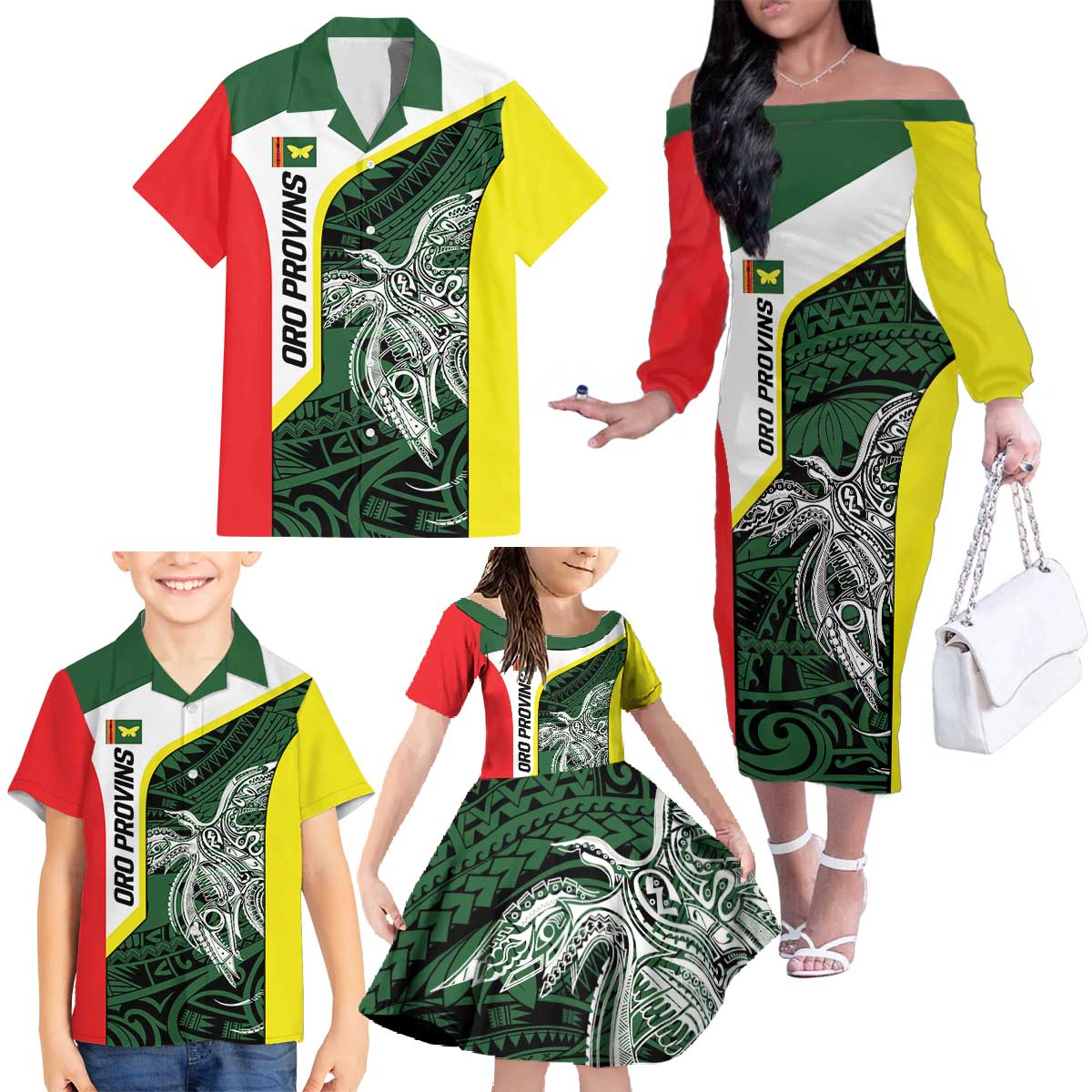 Personalised PNG Oro Province Family Matching Off The Shoulder Long Sleeve Dress and Hawaiian Shirt Bird of Paradise Tattoo Flag Motif LT9 - Polynesian Pride