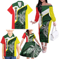 Personalised PNG Oro Province Family Matching Off The Shoulder Long Sleeve Dress and Hawaiian Shirt Bird of Paradise Tattoo Flag Motif LT9 - Polynesian Pride