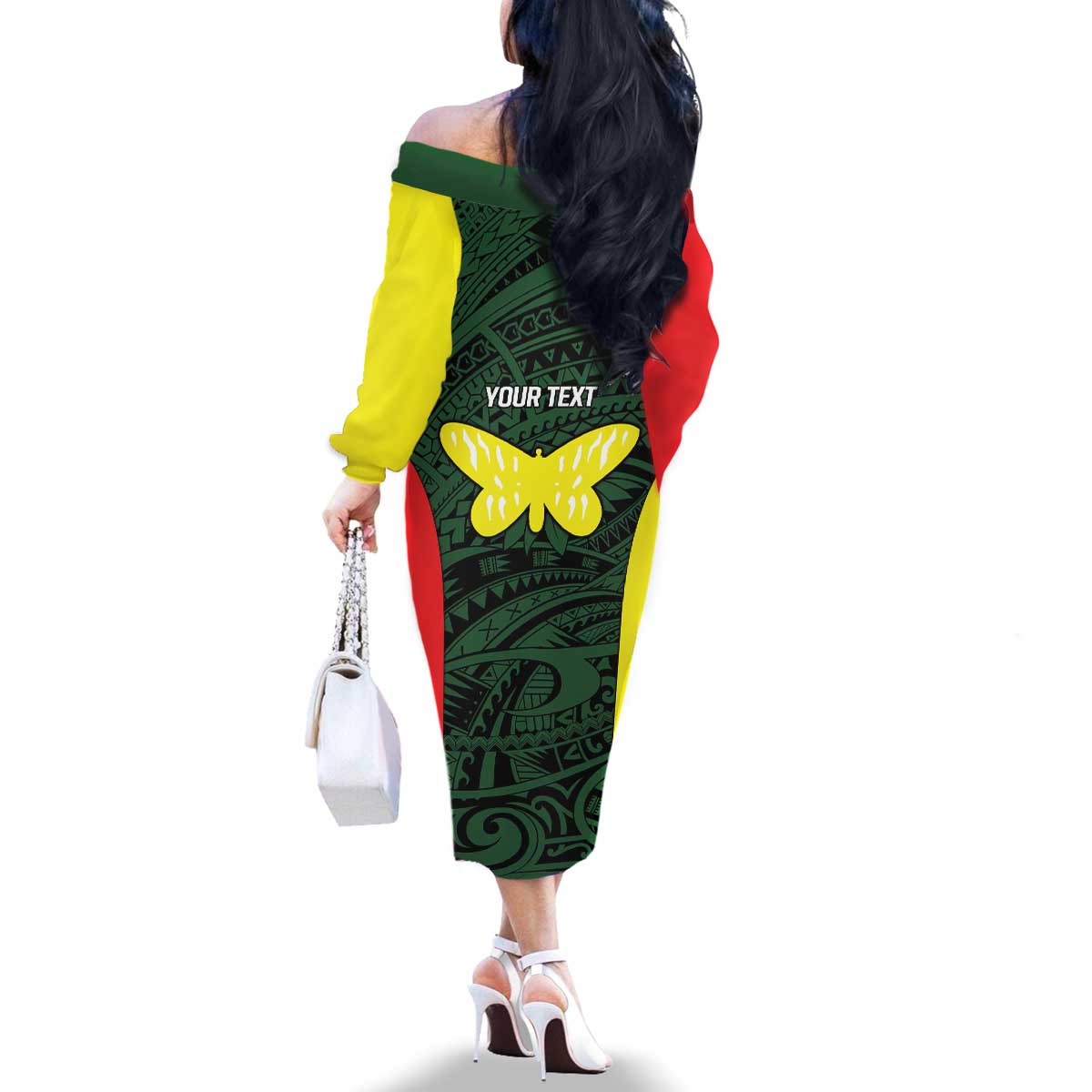 Personalised PNG Oro Province Family Matching Off The Shoulder Long Sleeve Dress and Hawaiian Shirt Bird of Paradise Tattoo Flag Motif LT9 - Polynesian Pride