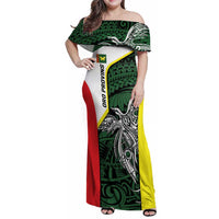 Personalised PNG Oro Province Family Matching Off Shoulder Maxi Dress and Hawaiian Shirt Bird of Paradise Tattoo Flag Motif LT9 Mom's Dress Green - Polynesian Pride