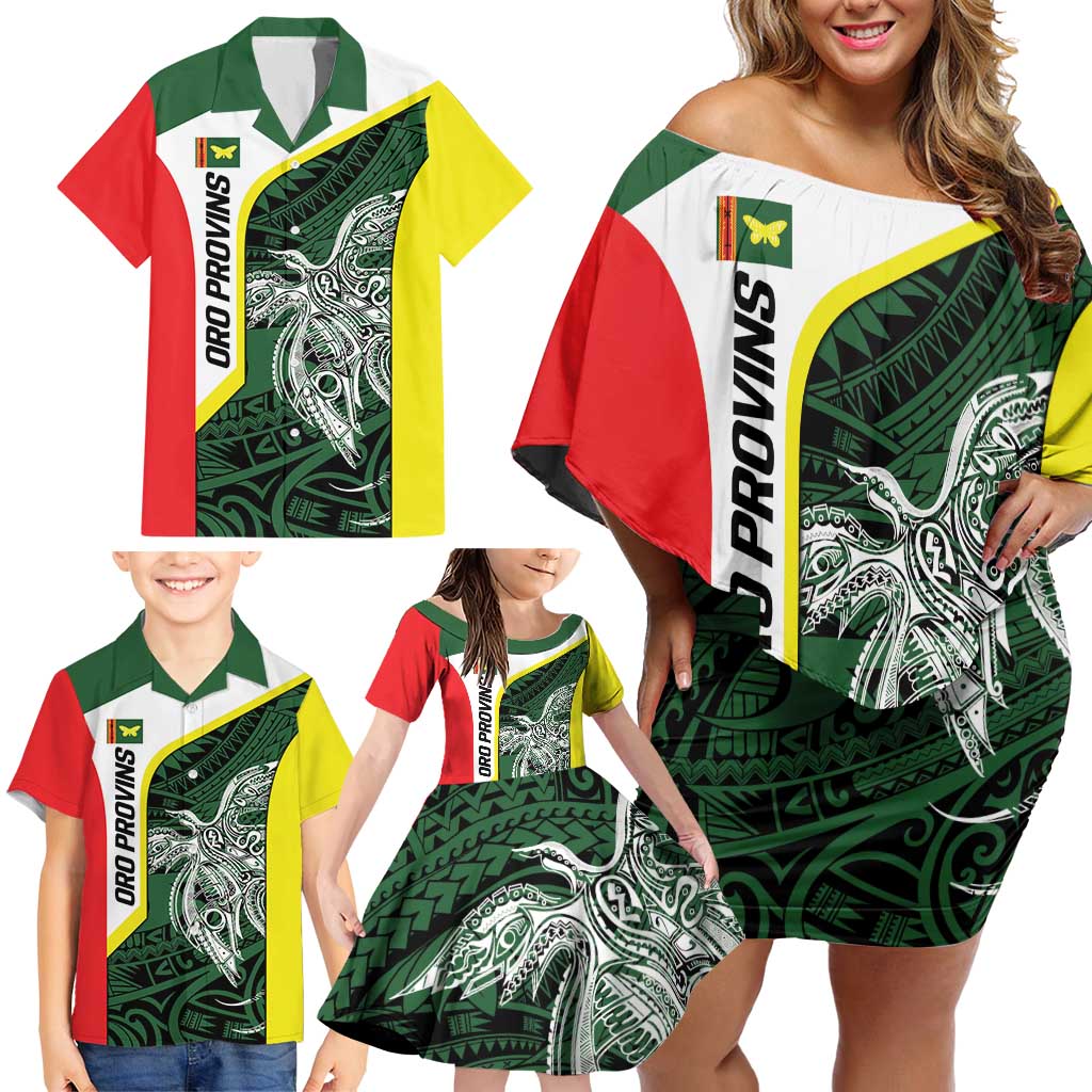 Personalised PNG Oro Province Family Matching Off Shoulder Short Dress and Hawaiian Shirt Bird of Paradise Tattoo Flag Motif LT9 - Polynesian Pride