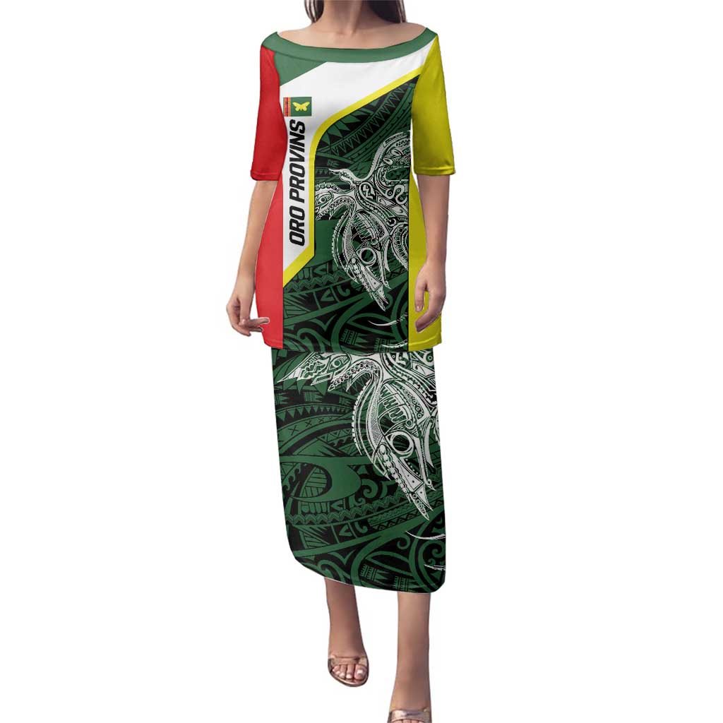 Personalised PNG Oro Province Family Matching Puletasi and Hawaiian Shirt Bird of Paradise Tattoo Flag Motif LT9 Mom's Dress Green - Polynesian Pride