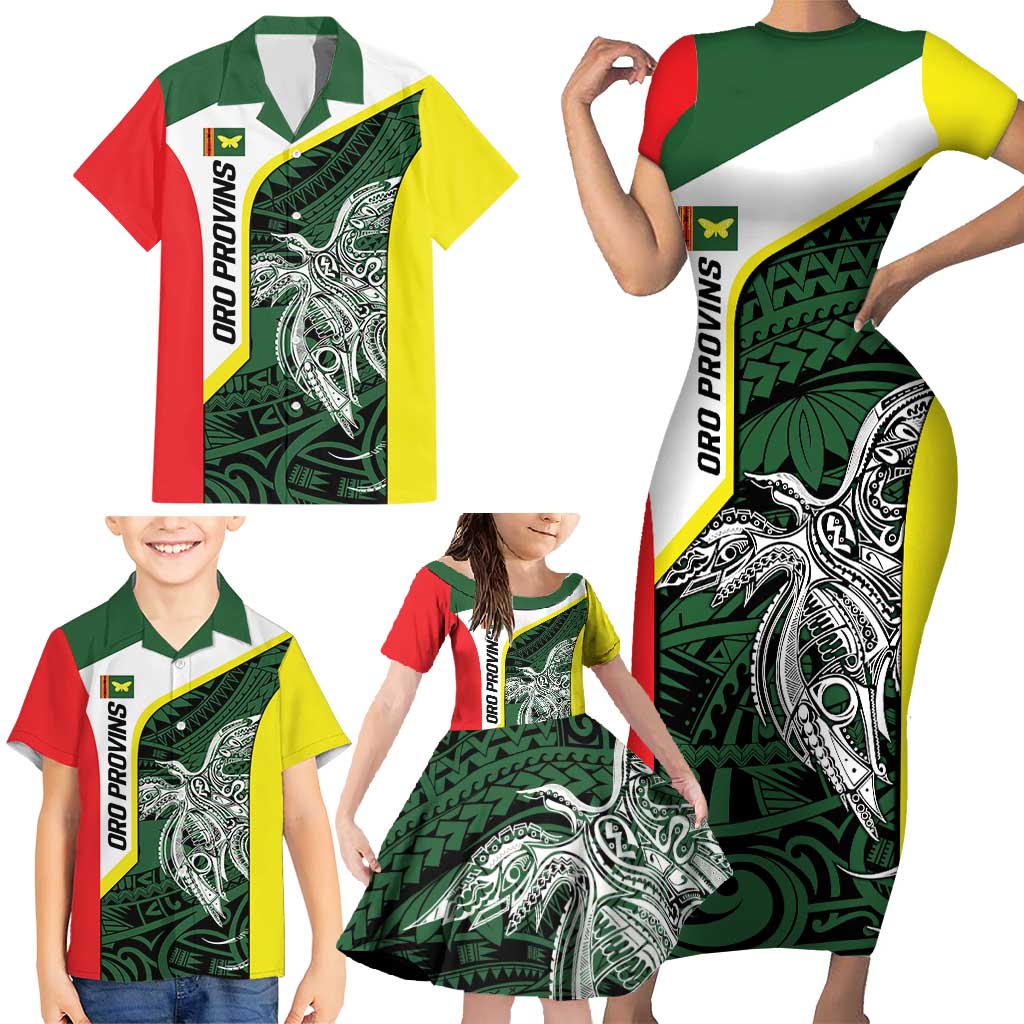 Personalised PNG Oro Province Family Matching Short Sleeve Bodycon Dress and Hawaiian Shirt Bird of Paradise Tattoo Flag Motif LT9 - Polynesian Pride