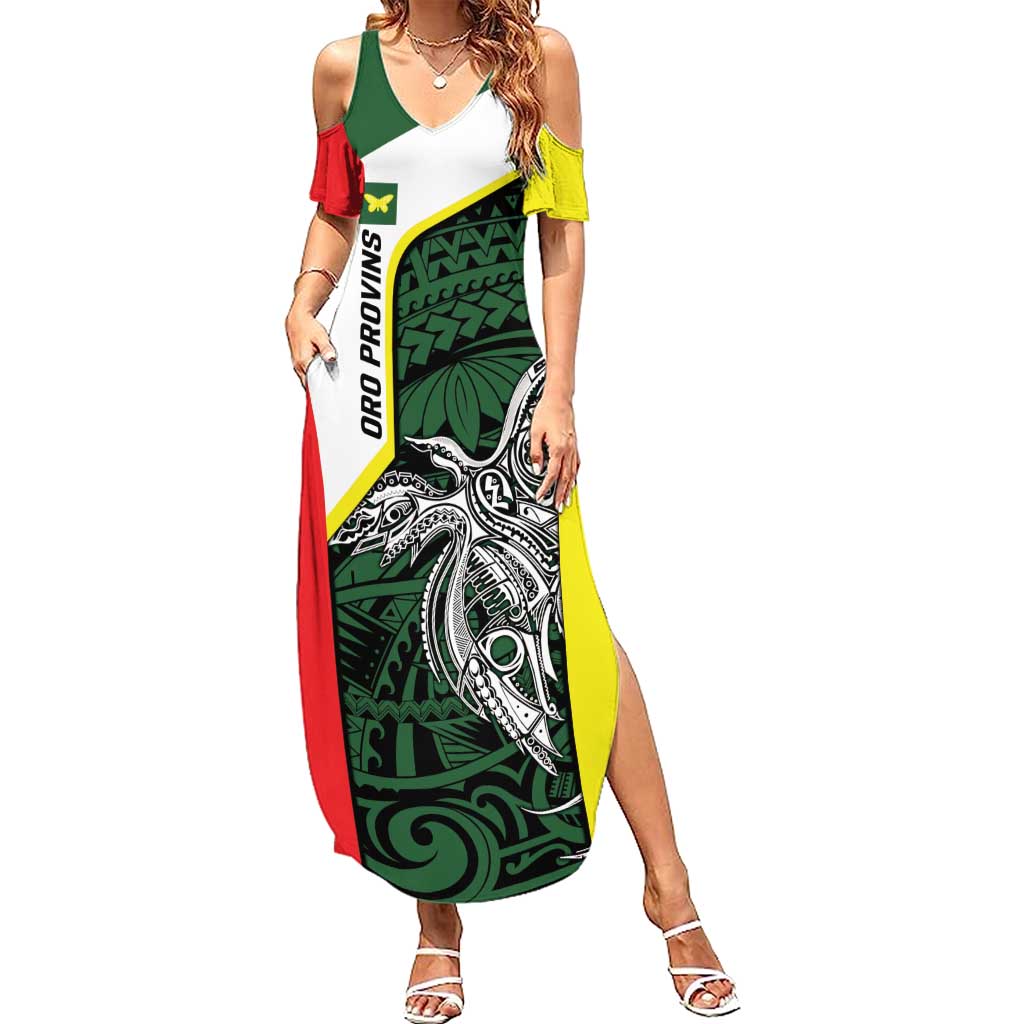 Personalised PNG Oro Province Family Matching Summer Maxi Dress and Hawaiian Shirt Bird of Paradise Tattoo Flag Motif LT9 Mom's Dress Green - Polynesian Pride
