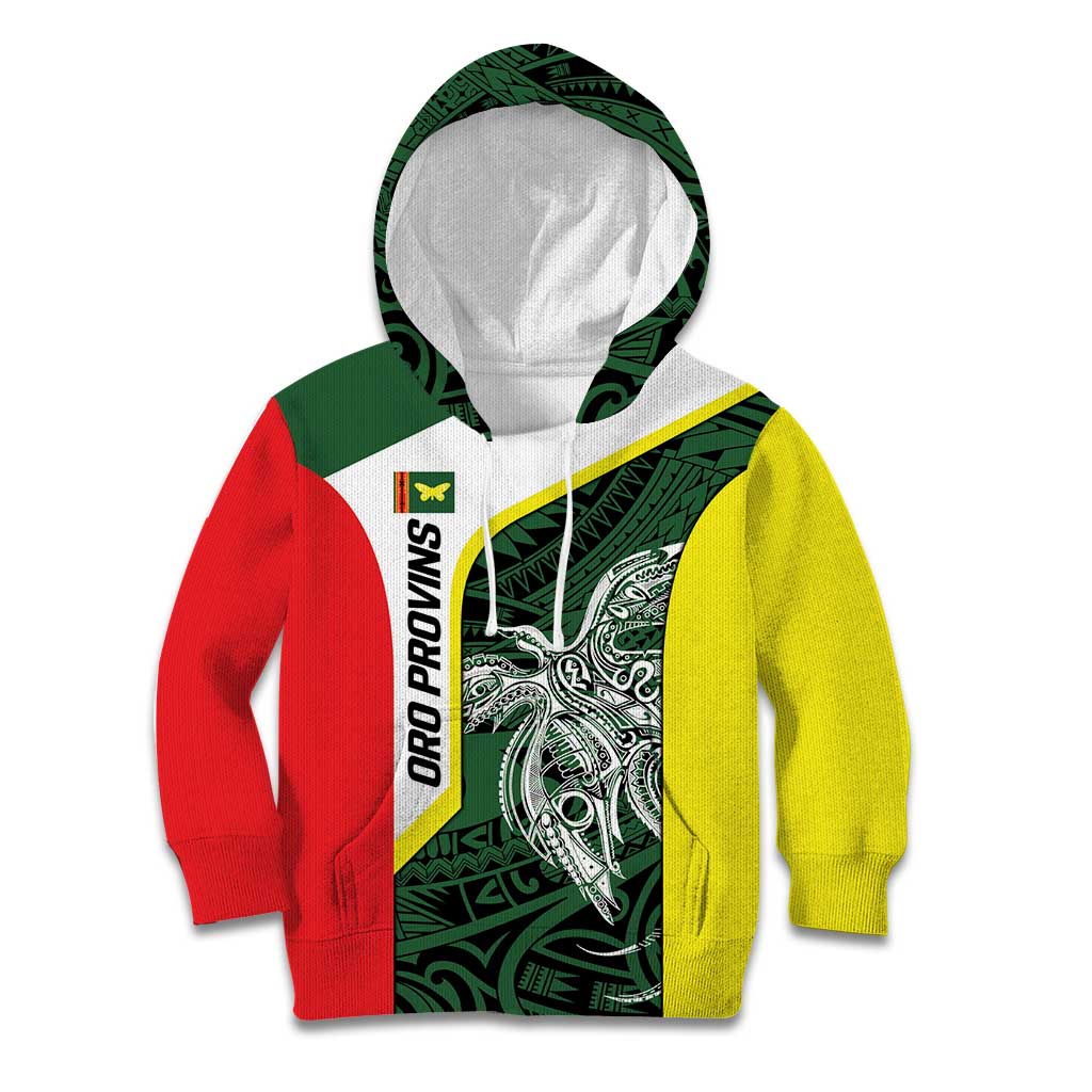 Personalised PNG Oro Province Kid Hoodie Bird of Paradise Tattoo Flag Motif - Polynesian Pride
