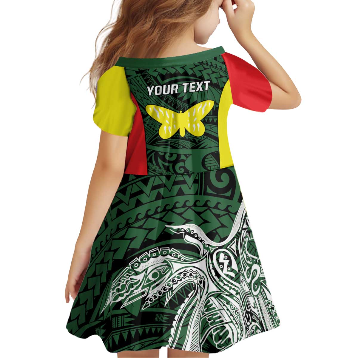 Personalised PNG Oro Province Kid Short Sleeve Dress Bird of Paradise Tattoo Flag Motif - Polynesian Pride