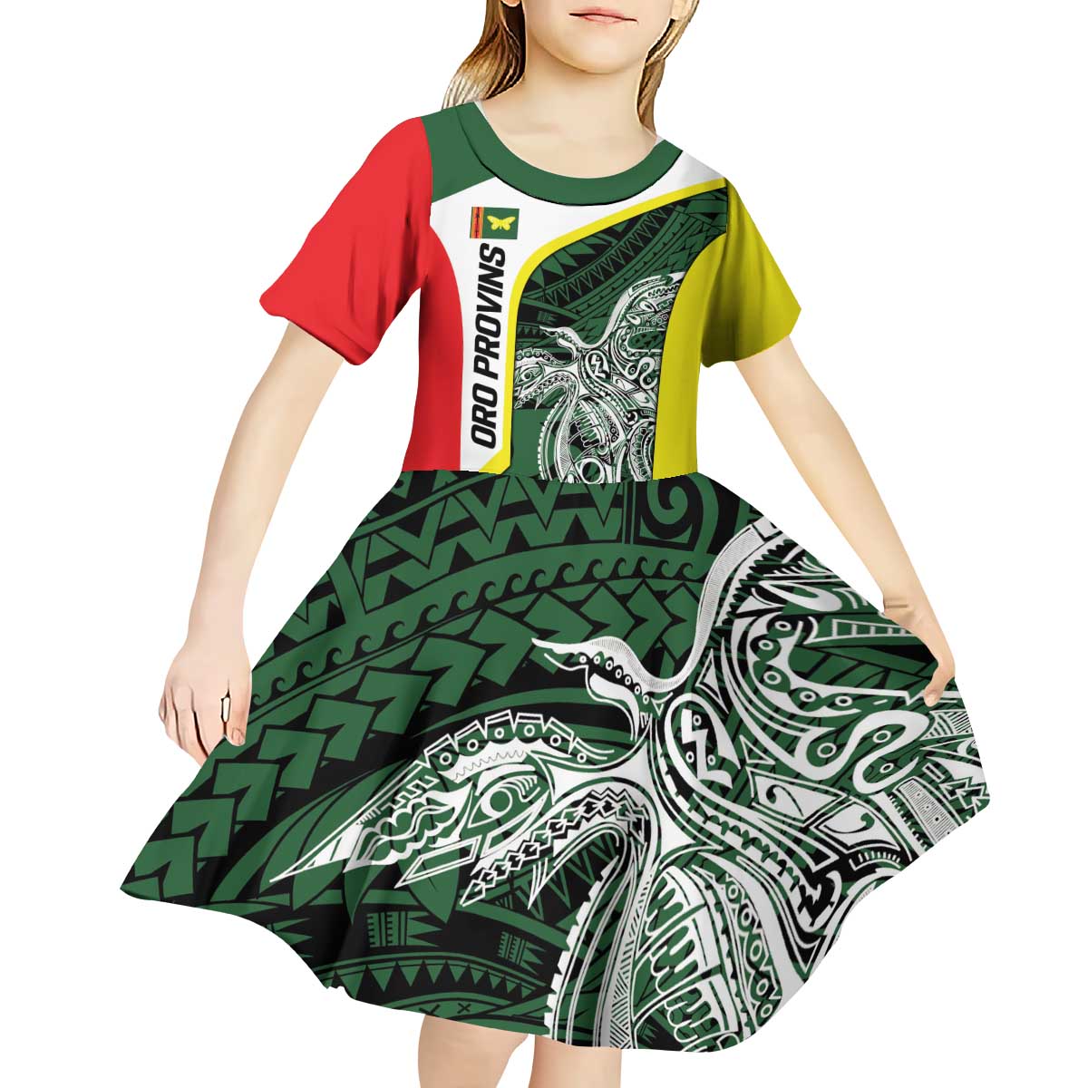 Personalised PNG Oro Province Kid Short Sleeve Dress Bird of Paradise Tattoo Flag Motif - Polynesian Pride