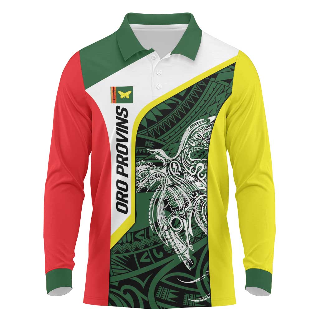 Personalised PNG Oro Province Long Sleeve Polo Shirt Bird of Paradise Tattoo Flag Motif - Polynesian Pride