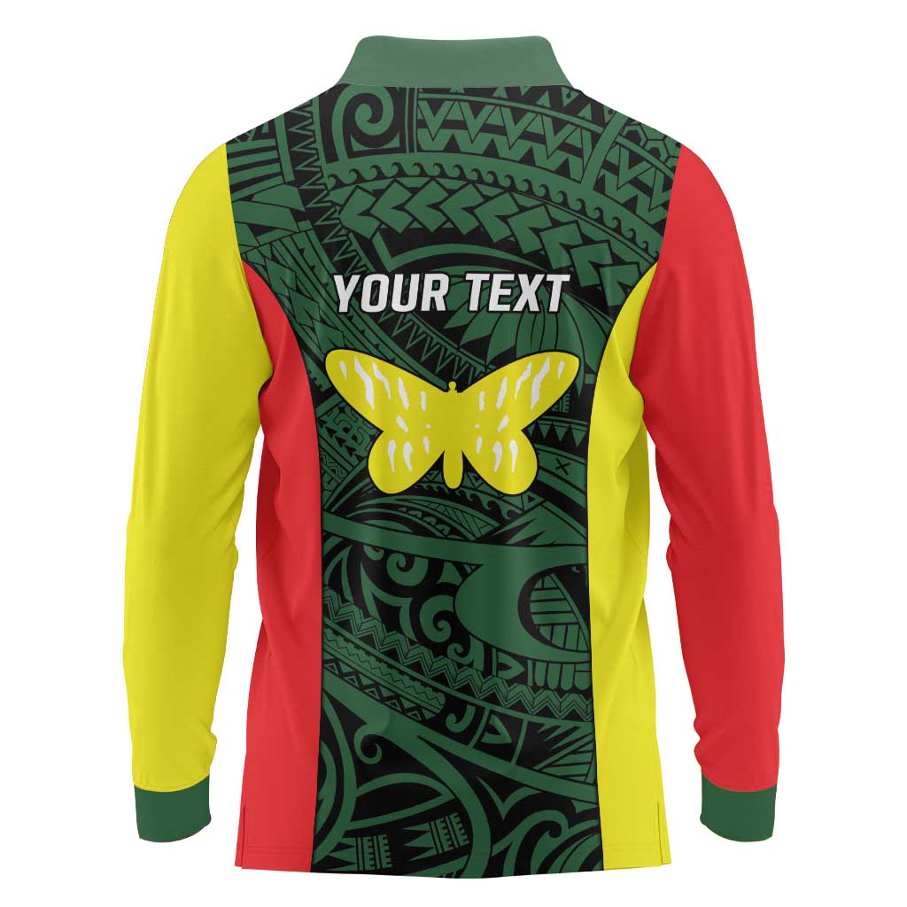 Personalised PNG Oro Province Long Sleeve Polo Shirt Bird of Paradise Tattoo Flag Motif - Polynesian Pride