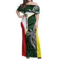 Personalised PNG Oro Province Off Shoulder Maxi Dress Bird of Paradise Tattoo Flag Motif LT9 Women Green - Polynesian Pride