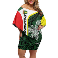 Personalised PNG Oro Province Off Shoulder Short Dress Bird of Paradise Tattoo Flag Motif - Polynesian Pride