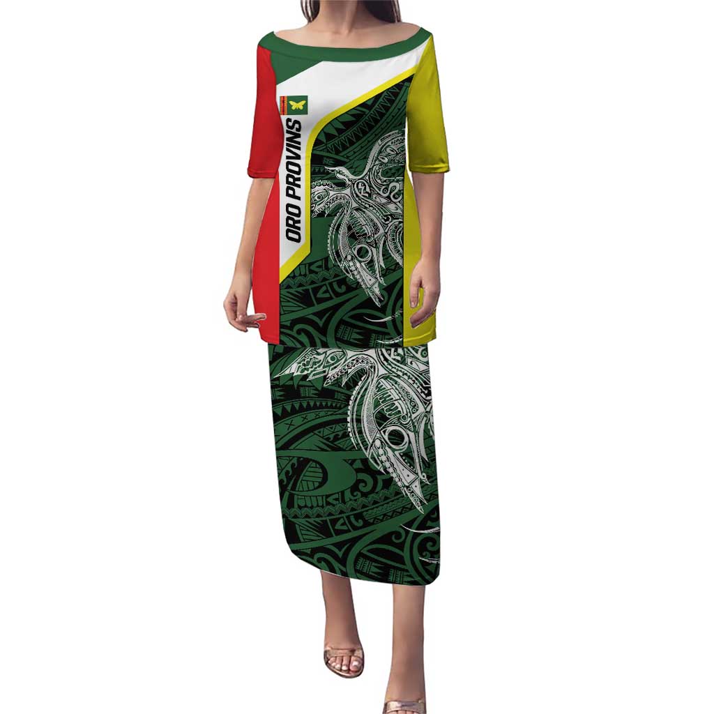 Personalised PNG Oro Province Puletasi Bird of Paradise Tattoo Flag Motif LT9 Long Dress Green - Polynesian Pride