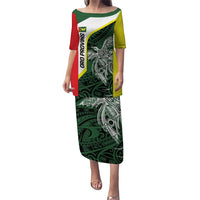 Personalised PNG Oro Province Puletasi Bird of Paradise Tattoo Flag Motif LT9 Long Dress Green - Polynesian Pride