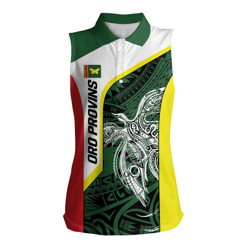 Personalised PNG Oro Province Women Sleeveless Polo Shirt Bird of Paradise Tattoo Flag Motif - Polynesian Pride