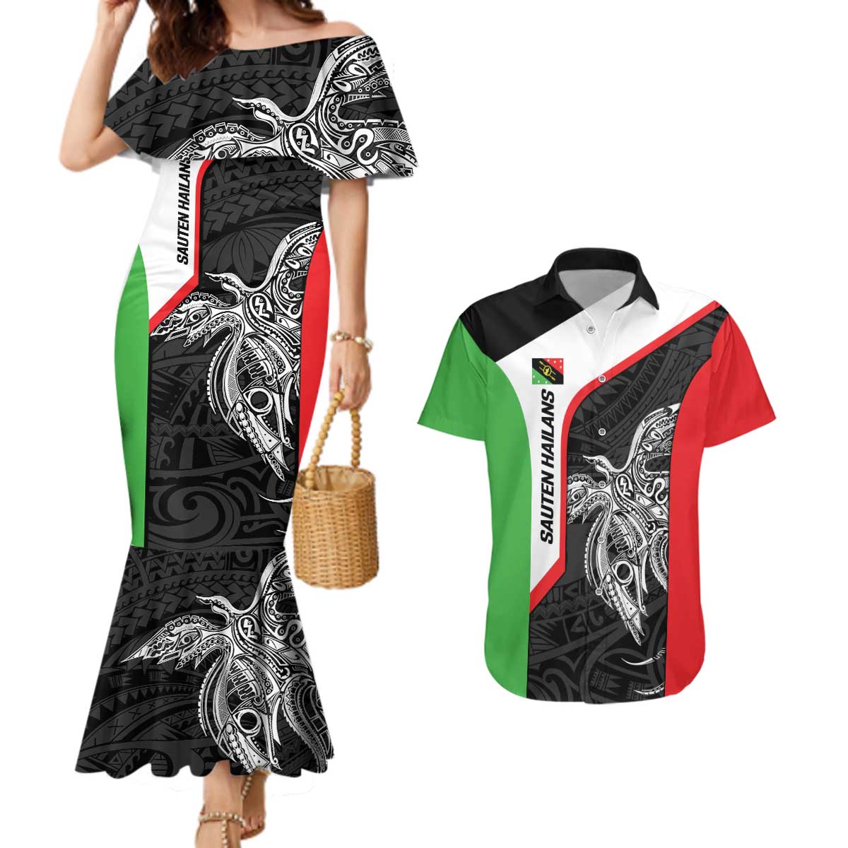 Personalised PNG Southern Highlands Province Couples Matching Mermaid Dress and Hawaiian Shirt Bird of Paradise Tattoo Flag Motif LT9 Red - Polynesian Pride