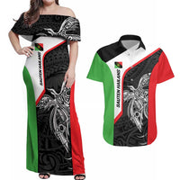 Personalised PNG Southern Highlands Province Couples Matching Off Shoulder Maxi Dress and Hawaiian Shirt Bird of Paradise Tattoo Flag Motif LT9 Red - Polynesian Pride