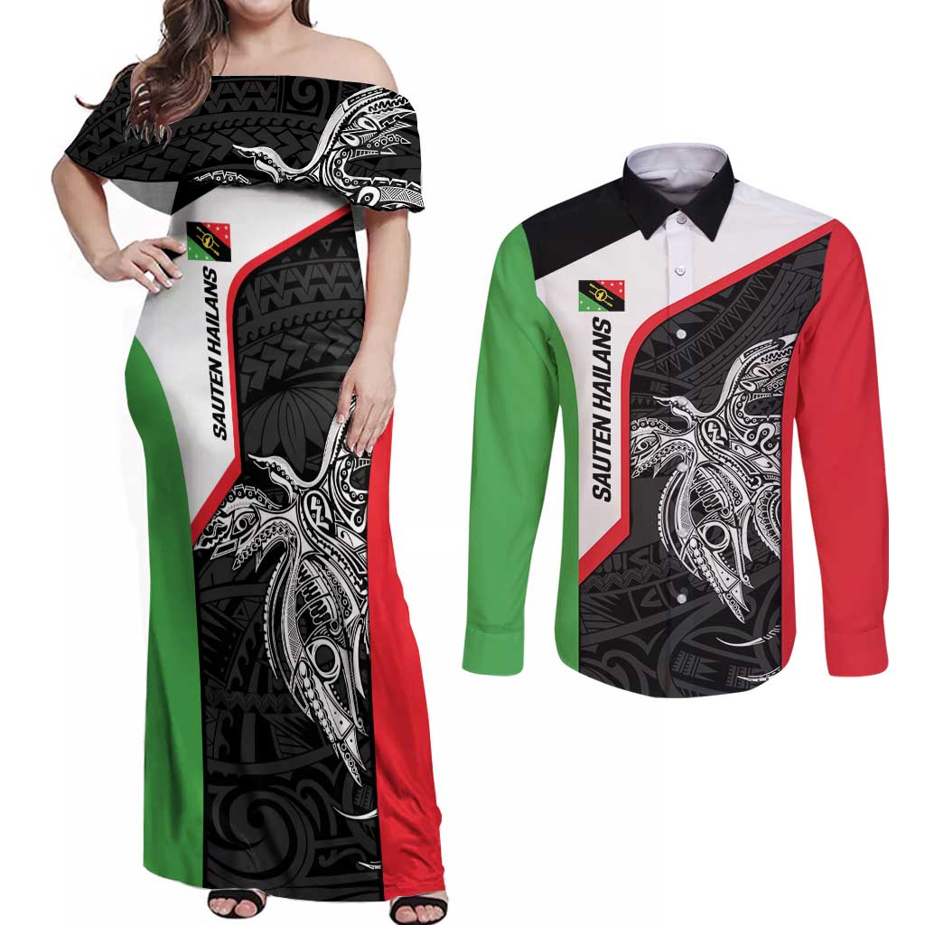 Personalised PNG Southern Highlands Province Couples Matching Off Shoulder Maxi Dress and Long Sleeve Button Shirt Bird of Paradise Tattoo Flag Motif LT9 Red - Polynesian Pride