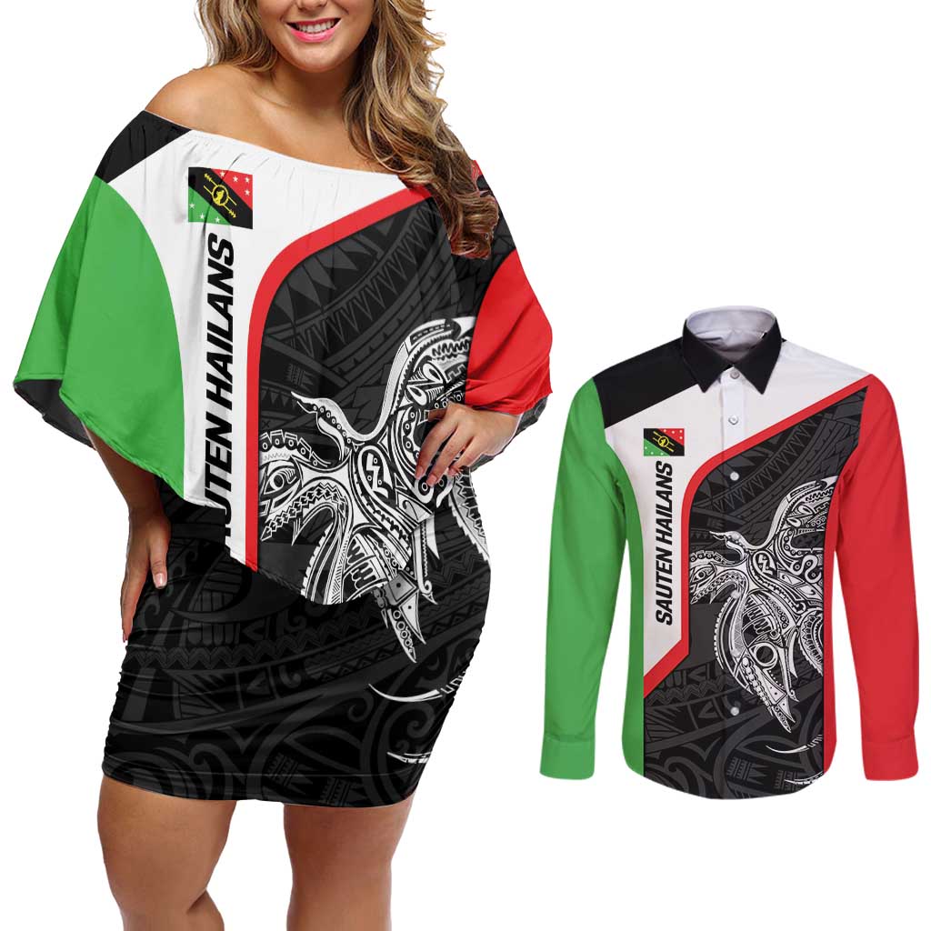 Personalised PNG Southern Highlands Province Couples Matching Off Shoulder Short Dress and Long Sleeve Button Shirt Bird of Paradise Tattoo Flag Motif LT9 Red - Polynesian Pride