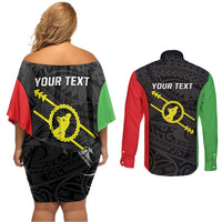 Personalised PNG Southern Highlands Province Couples Matching Off Shoulder Short Dress and Long Sleeve Button Shirt Bird of Paradise Tattoo Flag Motif LT9 - Polynesian Pride