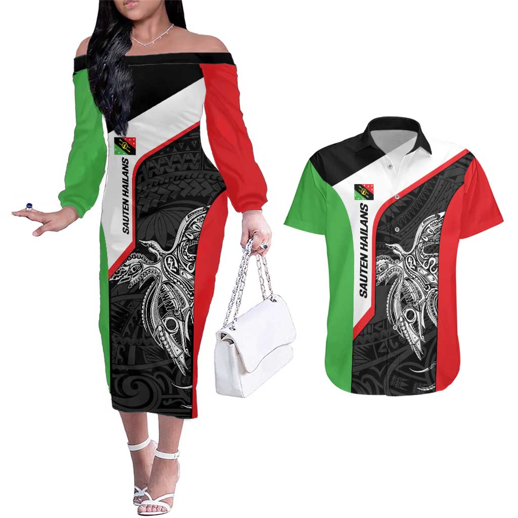 Personalised PNG Southern Highlands Province Couples Matching Off The Shoulder Long Sleeve Dress and Hawaiian Shirt Bird of Paradise Tattoo Flag Motif LT9 Red - Polynesian Pride
