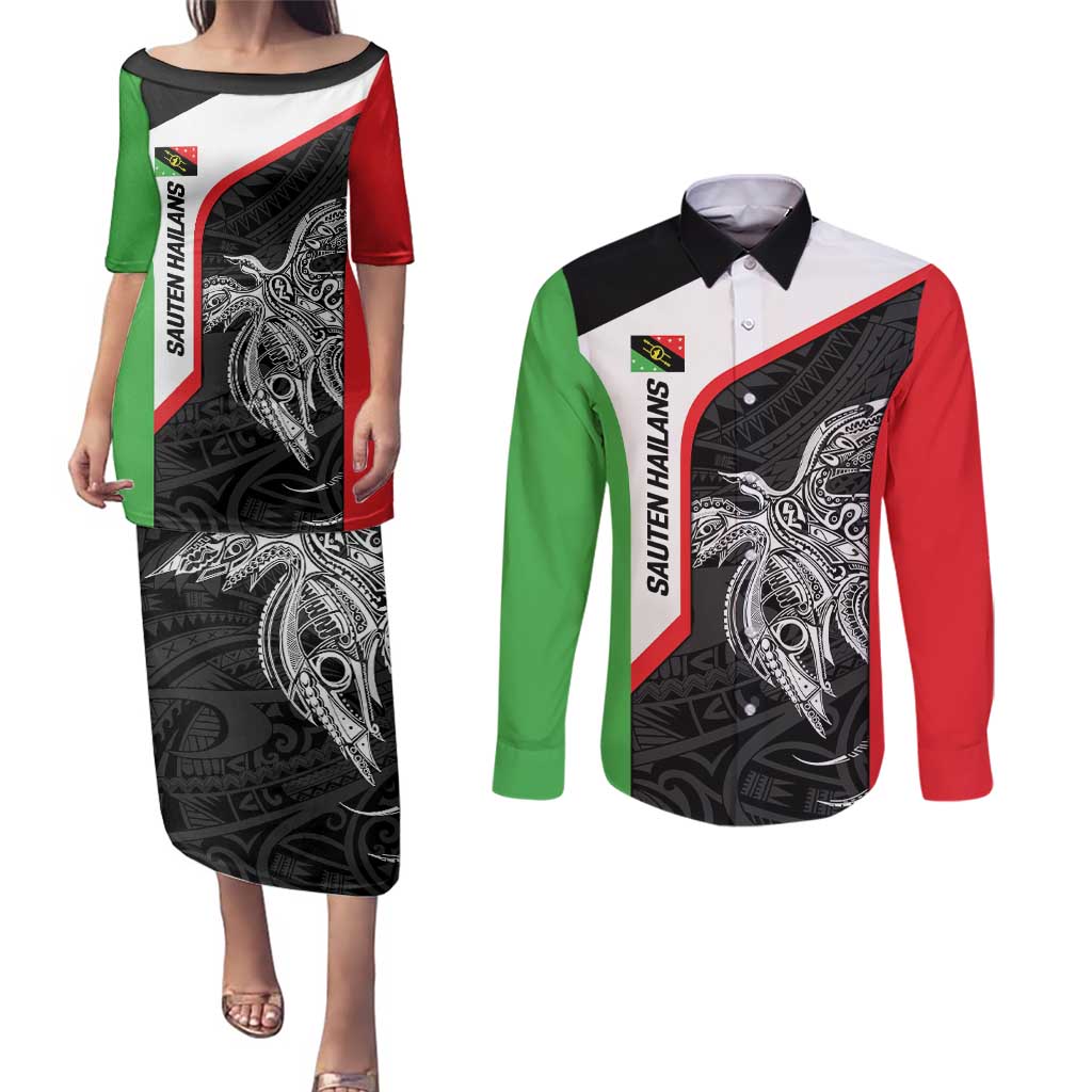 Personalised PNG Southern Highlands Province Couples Matching Puletasi and Long Sleeve Button Shirt Bird of Paradise Tattoo Flag Motif LT9 Red - Polynesian Pride