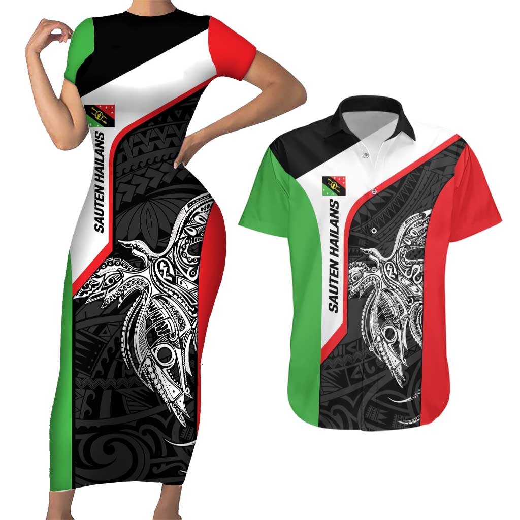 Personalised PNG Southern Highlands Province Couples Matching Short Sleeve Bodycon Dress and Hawaiian Shirt Bird of Paradise Tattoo Flag Motif LT9 Red - Polynesian Pride