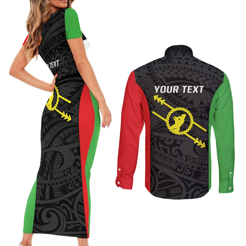 Personalised PNG Southern Highlands Province Couples Matching Short Sleeve Bodycon Dress and Long Sleeve Button Shirt Bird of Paradise Tattoo Flag Motif LT9 - Polynesian Pride