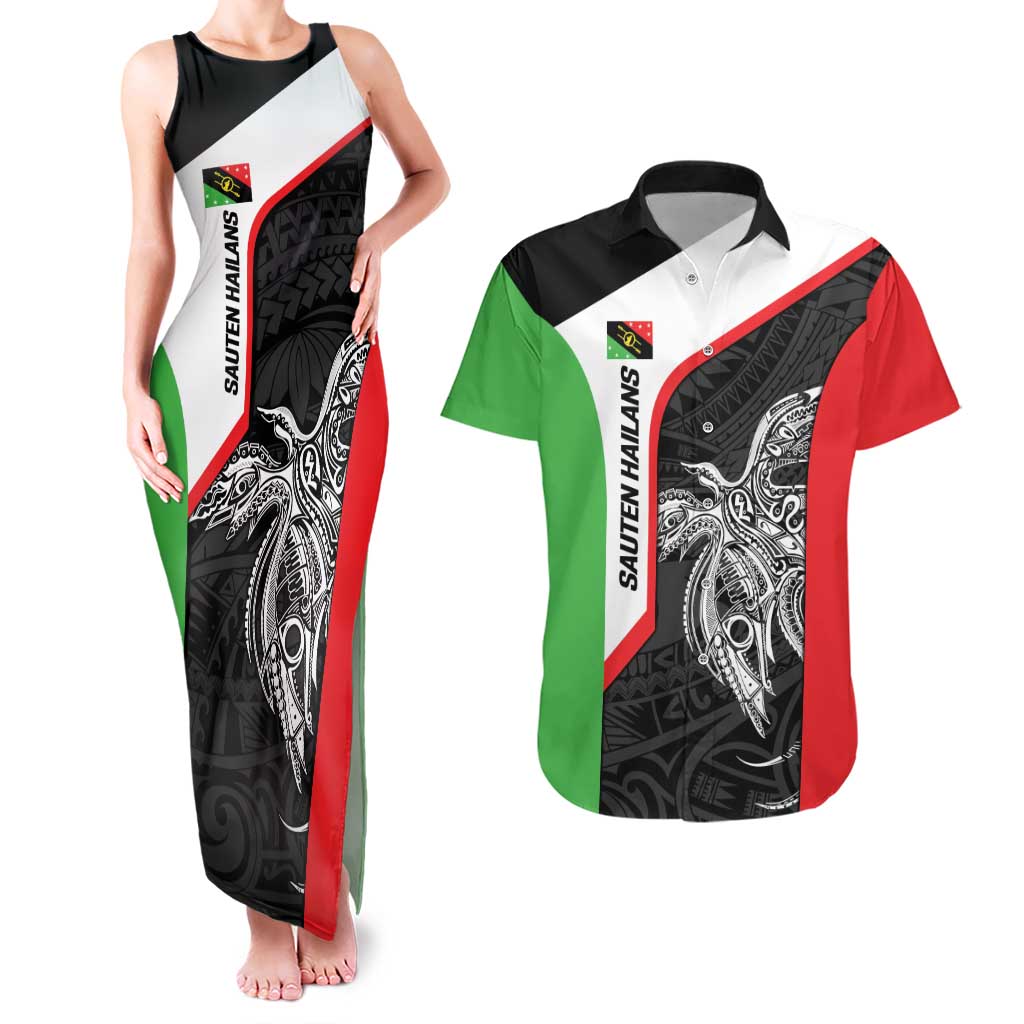 Personalised PNG Southern Highlands Province Couples Matching Tank Maxi Dress and Hawaiian Shirt Bird of Paradise Tattoo Flag Motif LT9 Red - Polynesian Pride