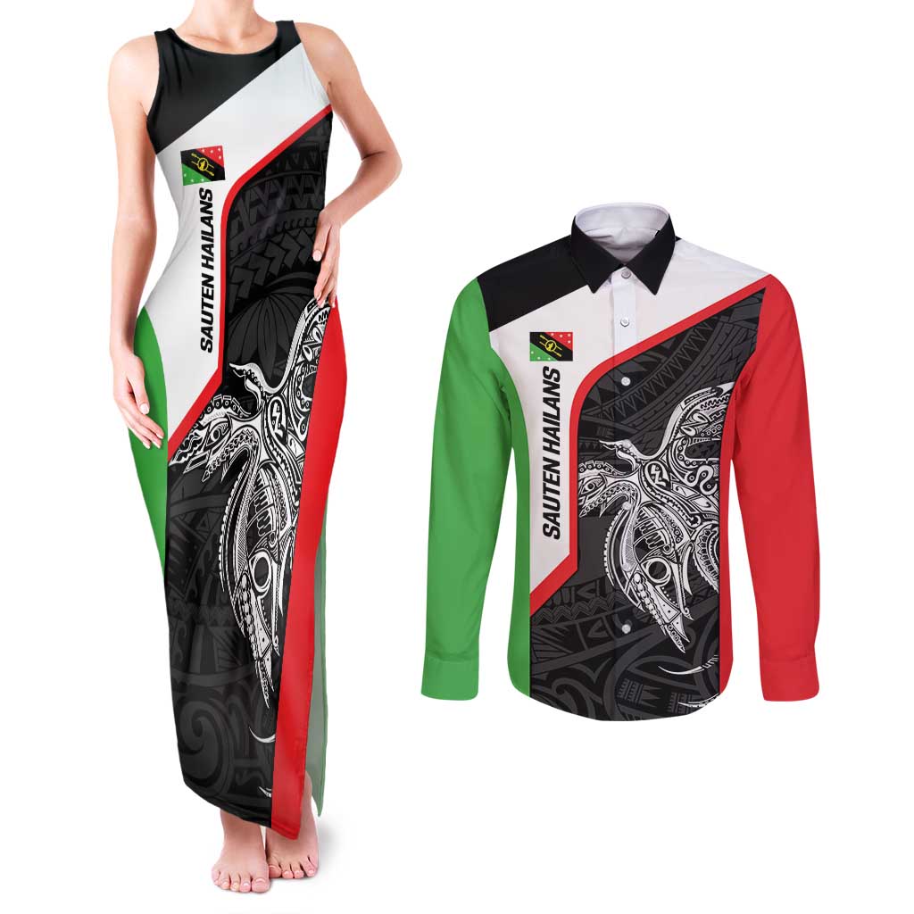 Personalised PNG Southern Highlands Province Couples Matching Tank Maxi Dress and Long Sleeve Button Shirt Bird of Paradise Tattoo Flag Motif LT9 Red - Polynesian Pride