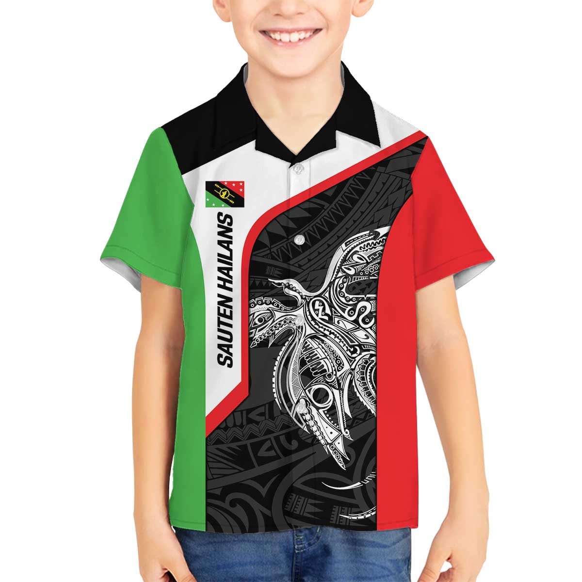 Personalised PNG Southern Highlands Province Family Matching Off The Shoulder Long Sleeve Dress and Hawaiian Shirt Bird of Paradise Tattoo Flag Motif LT9 Son's Shirt Red - Polynesian Pride