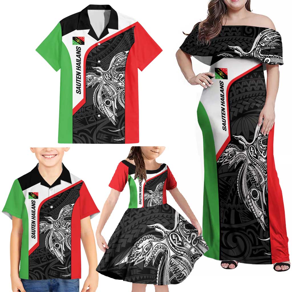 Personalised PNG Southern Highlands Province Family Matching Off Shoulder Maxi Dress and Hawaiian Shirt Bird of Paradise Tattoo Flag Motif LT9 - Polynesian Pride
