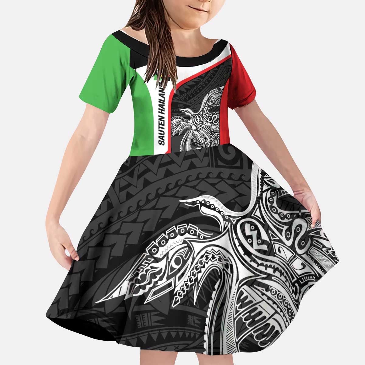 Personalised PNG Southern Highlands Province Kid Short Sleeve Dress Bird of Paradise Tattoo Flag Motif - Polynesian Pride