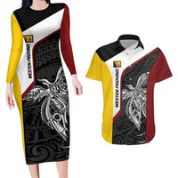 Personalised PNG Western Province Couples Matching Long Sleeve Bodycon Dress and Hawaiian Shirt Bird of Paradise Tattoo Flag Motif LT9 Red - Polynesian Pride