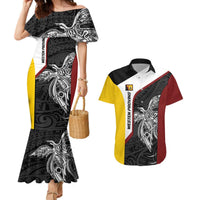 Personalised PNG Western Province Couples Matching Mermaid Dress and Hawaiian Shirt Bird of Paradise Tattoo Flag Motif LT9 Red - Polynesian Pride