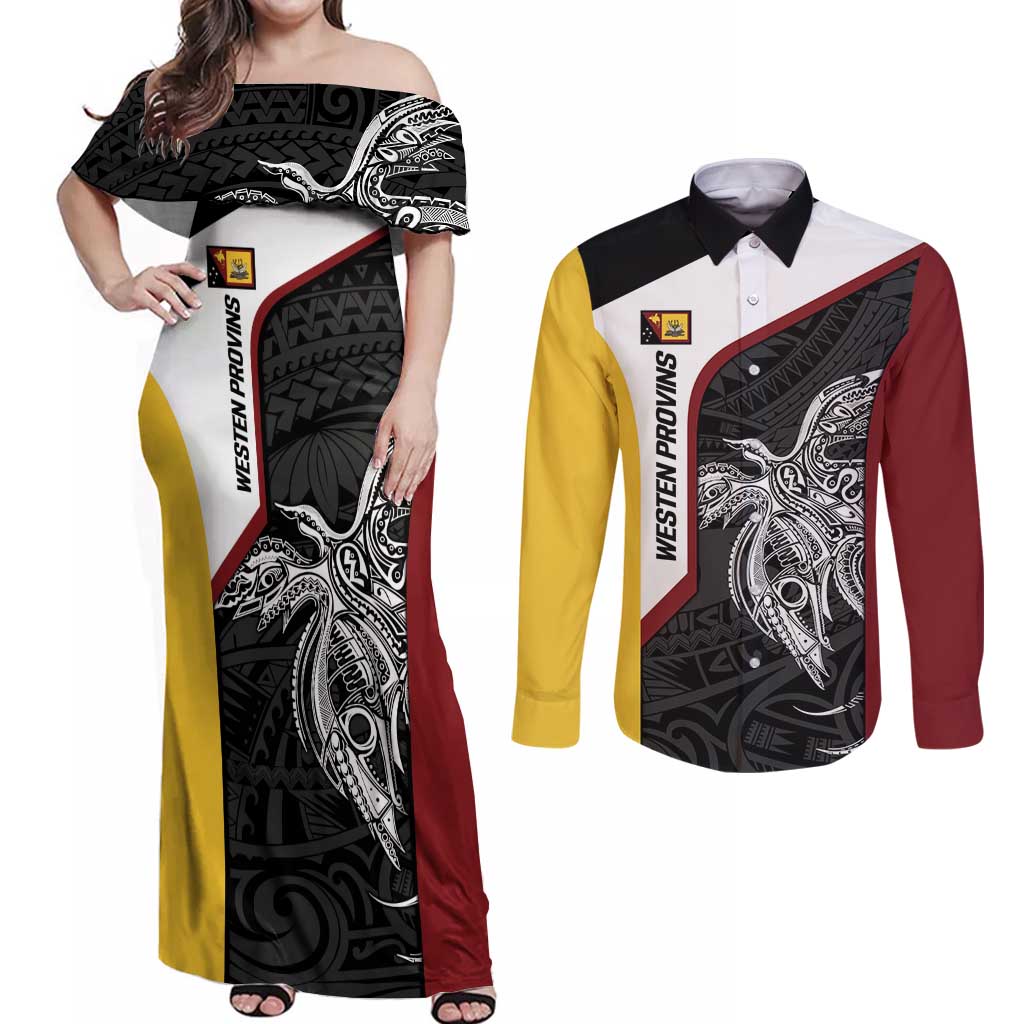 Personalised PNG Western Province Couples Matching Off Shoulder Maxi Dress and Long Sleeve Button Shirt Bird of Paradise Tattoo Flag Motif LT9 Red - Polynesian Pride