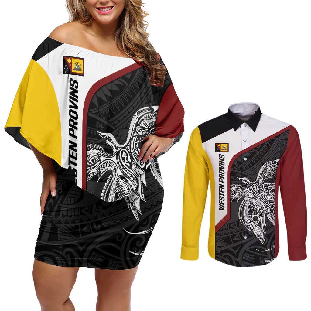 Personalised PNG Western Province Couples Matching Off Shoulder Short Dress and Long Sleeve Button Shirt Bird of Paradise Tattoo Flag Motif LT9 Red - Polynesian Pride