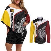 Personalised PNG Western Province Couples Matching Off Shoulder Short Dress and Long Sleeve Button Shirt Bird of Paradise Tattoo Flag Motif LT9 Red - Polynesian Pride