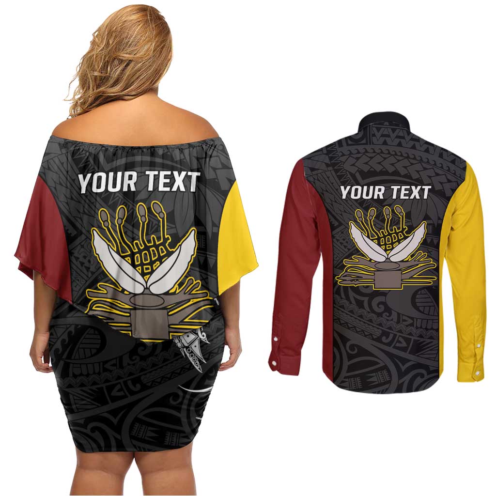Personalised PNG Western Province Couples Matching Off Shoulder Short Dress and Long Sleeve Button Shirt Bird of Paradise Tattoo Flag Motif LT9 - Polynesian Pride