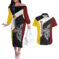 Personalised PNG Western Province Couples Matching Off The Shoulder Long Sleeve Dress and Hawaiian Shirt Bird of Paradise Tattoo Flag Motif LT9 Red - Polynesian Pride