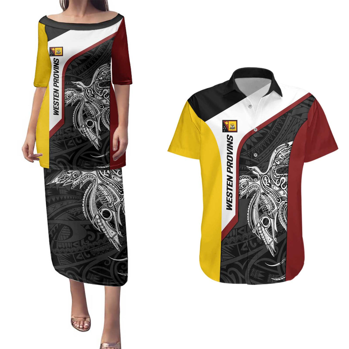 Personalised PNG Western Province Couples Matching Puletasi and Hawaiian Shirt Bird of Paradise Tattoo Flag Motif LT9 Red - Polynesian Pride