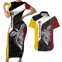 Personalised PNG Western Province Couples Matching Short Sleeve Bodycon Dress and Hawaiian Shirt Bird of Paradise Tattoo Flag Motif LT9 Red - Polynesian Pride