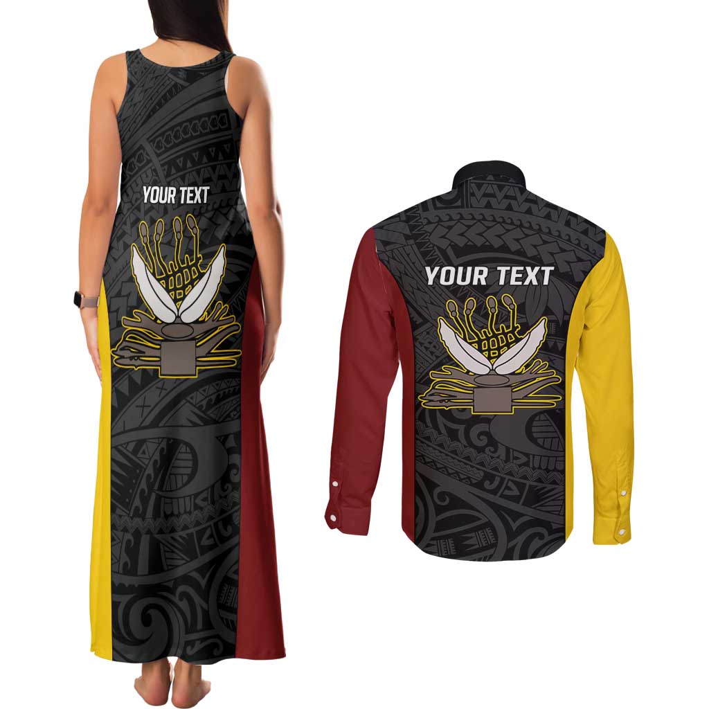 Personalised PNG Western Province Couples Matching Tank Maxi Dress and Long Sleeve Button Shirt Bird of Paradise Tattoo Flag Motif LT9 - Polynesian Pride