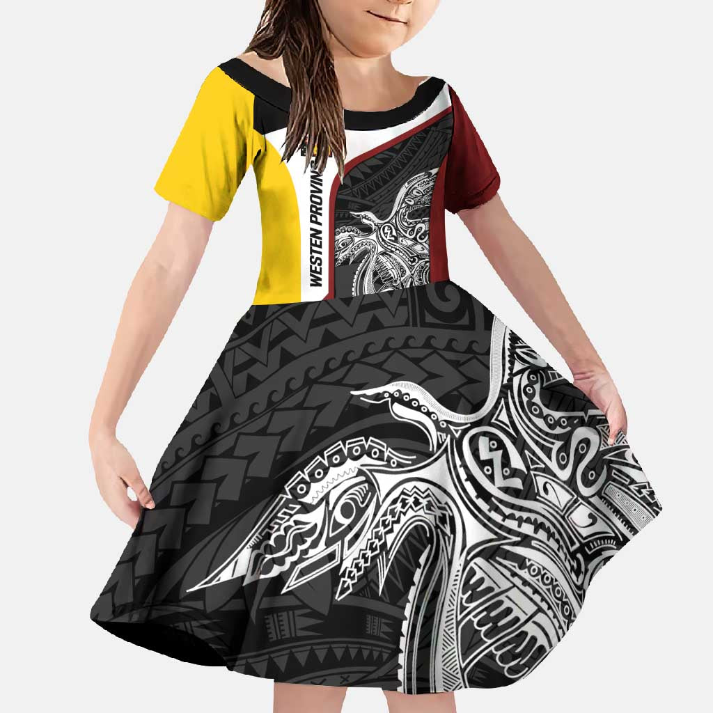 Personalised PNG Western Province Family Matching Long Sleeve Bodycon Dress and Hawaiian Shirt Bird of Paradise Tattoo Flag Motif LT9 Daughter's Dress Red - Polynesian Pride