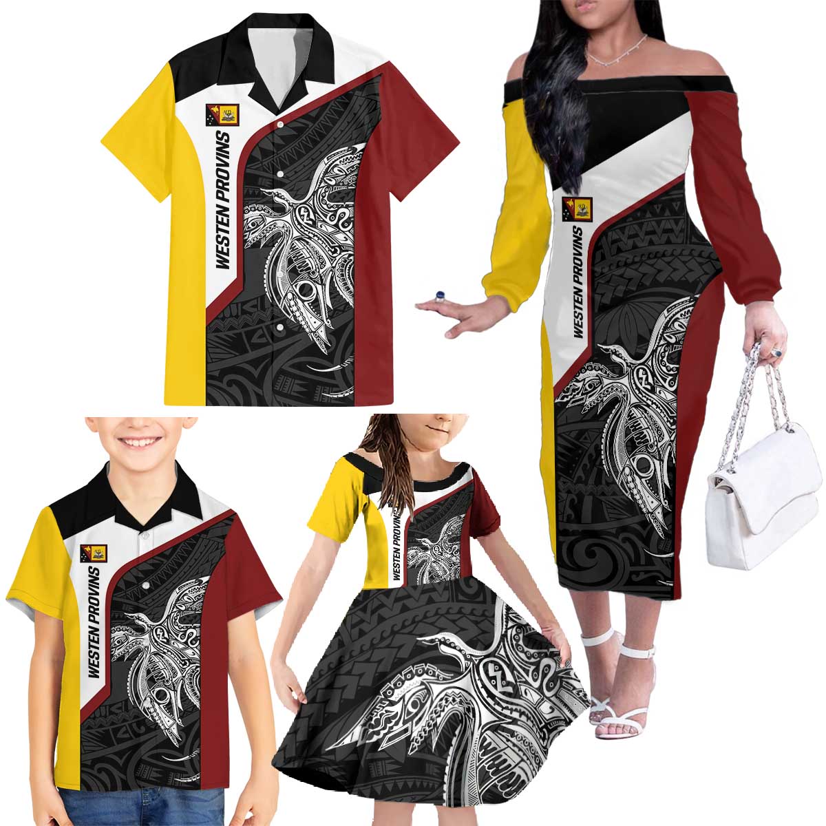 Personalised PNG Western Province Family Matching Off The Shoulder Long Sleeve Dress and Hawaiian Shirt Bird of Paradise Tattoo Flag Motif LT9 - Polynesian Pride
